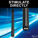 Zeus Electrosex 17.25 Inch E-stim Baton Black against a dynamic blue background showcasing its size and features.
