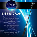 Zeus Electrosex Rechargeable E-Stim Crop Black with conductive rod and sturdy grip for e-stim play.