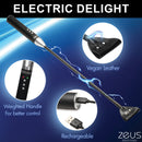 Zeus Electrosex Rechargeable E-Stim Crop Black showcasing features like vegan leather and a weighted handle.