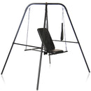 Master Series Throne Adjustable Sex Swing with Stand featuring padded seat and sturdy frame for suspended experience.