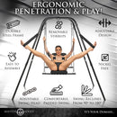 Master Series Throne Adjustable Sex Swing with Stand featuring ergonomic design and removable stirrups for enhanced play.