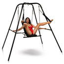 Master Series Throne Adjustable Sex Swing with Stand featuring a model in a red outfit.