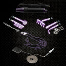 Zeus Electrosex Ultra Neo Violet Wand 10 Piece Set with various conductive attachments on a dark background.