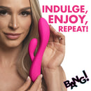 10X Flexible Silicone Rabbit Vibrator Pink held by a model, showcasing dual stimulation features and vibrant design.