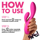 How to use the 10X Flexible Silicone Rabbit Vibrator Pink with steps on powering and adjusting vibration settings.