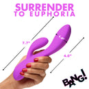 10X Flexible Silicone Rabbit Vibrator Purple in a hand, showcasing its design and dimensions for enhanced pleasure.