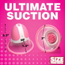 Size Matters 10X Rotating Nipple Suckers Pink with measurements 3.3" height, 1.3" base, and 3" diameter.