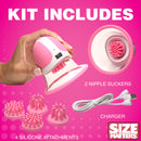 Size Matters 10X Rotating Nipple Suckers Pink kit includes 2 nipple suckers, 4 silicone attachments, and charger.