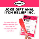 Frisky Anal Itch Relief Joke Gift package with red feather in a bubble mailer, perfect for a lighthearted prank.