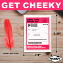Frisky Anal Itch Relief Joke Gift packaging with feather, perfect for a humorous prank on friends or coworkers.