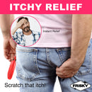 Frisky Anal Itch Relief Joke Gift featuring a man scratching his backside with a feather for a humorous touch.
