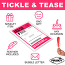 Frisky Anal Itch Relief Joke Gift novelty mailer with feather, designed for laughs and pranks on any occasion.