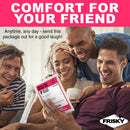 Four friends laughing while looking at the Frisky Anal Itch Relief Joke Gift package for a funny surprise.