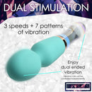 10X Turquoise Dual Ended Silicone and Glass Wand showcasing dual stimulation features with 3 speeds and 7 patterns of vibration.