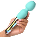 10X Turquoise Dual Ended Silicone and Glass Wand in hand showcasing its sleek design and dual texture.