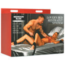 Bedroom Bliss Lover's Bed Restraint System Black packaging showing couple enjoying BDSM play on a bed.