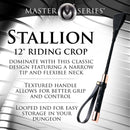 Master Series Stallion Riding Crop 12 Inch Black designed for impact play with a textured handle for grip and control.