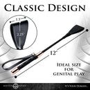 Master Series Stallion Riding Crop 12 Inch Black with classic design, ideal for genital play, showcasing its precise dimensions.