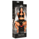 Master Series Forced Orgasm Belt with Saddle Straps Black packaging display with model.