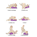 Illustrations of various positions using the Contoured Love Cushion Sex Position Pillow Purple for enhanced comfort.
