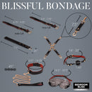 Bedroom Bliss Lover's Deluxe Bondage Set Black dimensions and components showcasing cuffs, collar, gag, and blindfold.