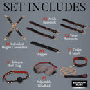 Bedroom Bliss Lover's Deluxe Bondage Set Black components including restraints, slapper, collar, leash, blindfold, and ball gag.