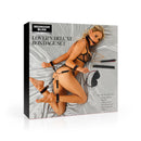 Bedroom Bliss Lover's Deluxe Bondage Set Black displayed with accessories including a ball gag, cuffs, and blindfold.