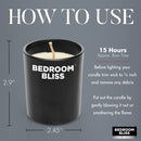 Bedroom Bliss Lover's Massage Candle Vanilla on a grey background with instructions for use and dimensions.