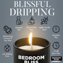 Bedroom Bliss Lover's Massage Candle Vanilla with lighted wick illustrating soothing features and benefits.