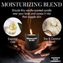 Bedroom Bliss Lover's Massage Candle Vanilla with essential oils and soy coconut blend in a dark setting