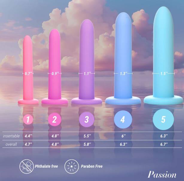 Image of Passion Silicone Pelvic Kegel Exerciser Set 5 Piece showcasing sizes, materials, and features such as phthalate and paraben free.