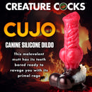 Creature Cocks Cujo Canine Silicone Dildo Extra Large displayed on a fiery background with bold text.