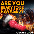 Creature Cocks Cujo Canine Silicone Dildo Extra Large with fiery background and aggressive dog graphic.