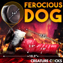 Creature Cocks Cujo Canine Silicone Dildo Extra Large dimensions and features on a fiery background.