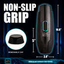 The Milker Max Thrusting and Vibrating Masturbator showcasing a non-slip grip and removable cap with dimensions.