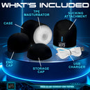 What's included with LoveBotz The Milker Mega-Pod Sucking Masturbator, featuring TPE masturbator, case, and USB charger.