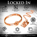 Cuffed Locking Bracelet and Key Necklace Rose Gold displayed with features like scratch and rust resistance.