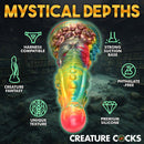 Extra-long iridescent rainbow dildo with unique texture, harness compatibility, strong suction base, and phthalate-free premium silicone.