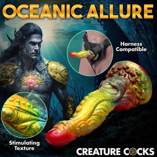 Creature Cocks Majestic Merman 10” Dildo featuring iridescent colors, stimulating textures, and harness compatibility for fantasy pleasure.