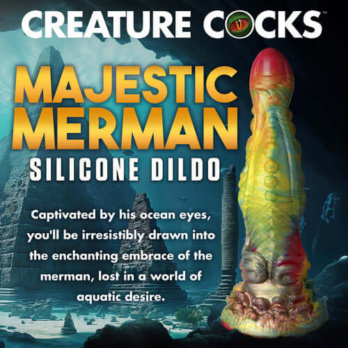 Creature Cocks Majestic Merman 10” Dildo with iridescent rainbow colors and textures for fantasy pleasure.