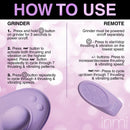 Instructions on how to use the Thrust n' Grind Thrusting and Vibrating Silicone Sex Grinder and its remote.
