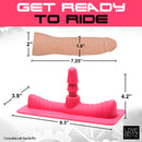 LoveBotz Saddle Adapter with Realistic Dildo Pink dimensions and features illustration.