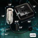 LoveBotz The Milker Stamina Automatic Suction Masturbator with dimensions and features highlighted in an engaging graphic.