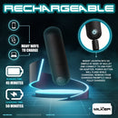 LoveBotz The Milker Stamina Automatic Suction Masturbator recharge instructions and charging time infographic.