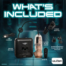 Image showing contents of LoveBotz The Milker Stamina Automatic Suction Masturbator package including machine, sleeve, and accessories.