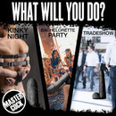 Image featuring scenarios for using the Moby Huge 2 Foot Tall Super Dildo Black at a kinky night, bachelorette party, and tradeshow.
