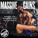 Moby Huge 2 Foot Tall Super Dildo Light held by a muscular man in a gym setting for fitness themed imagery.