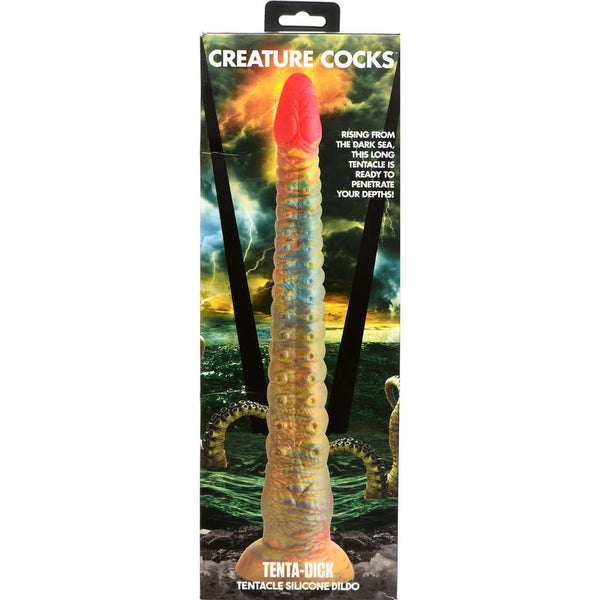 Creature Cocks Tenta Dick Tentacle Dildo with Suction Cup Base in packaging showing vibrant red, yellow, and blue design.