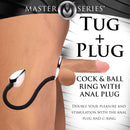 Master Series Tug and Plug Cock and Ball Ring with Anal Plug showing the metal ring and tapered plug design.