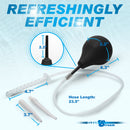 CleanStream Enema Bulb Kit with 3 Attachments Black with dimensions and usage details over a water background.